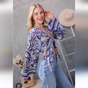 NWT Timing Paisly Print Front Tie Crop Blouse